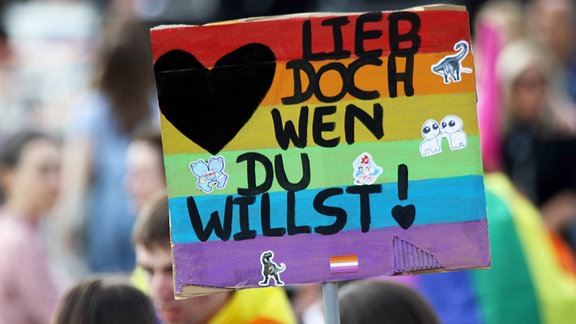 "Lieb doch wen du willst" steht auf einem Plakat, was von Teilnehmern eines CSD hochgelalten wird.