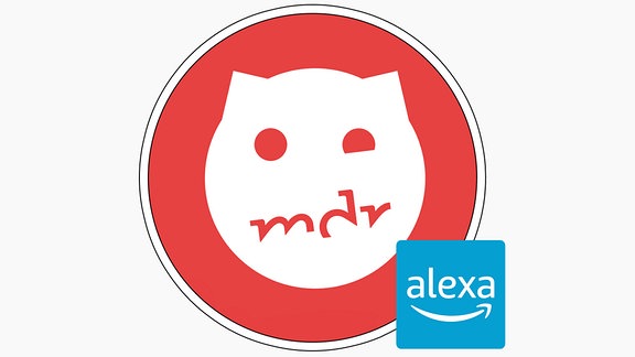 Das Logo von MDR SPUTNIK: der Kopf einer weißen Katze auf rotem Hintergrund. Rechts unten in der Ecke das Logo der Amazon-Sprachassistentin Alexa.
