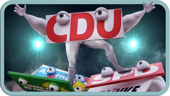 Eine animierte Grafik zeigt am Boden liegende Parteien, die CDU thront über ihnen.