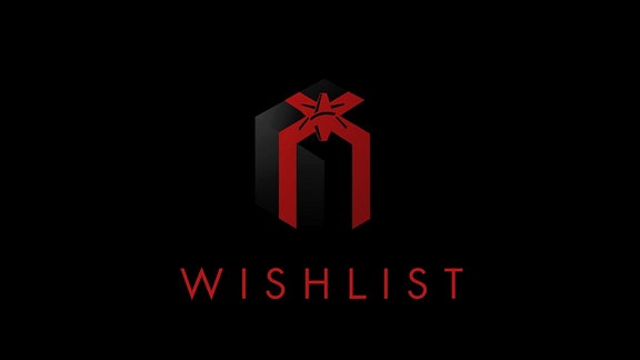 Ein schwarzes Paket vor schwarzem Hintergrund, darum ein rotes Geschenkband. Auf dem Paket ist eine rote Schleife. Unter dem Paket steht in Rot der Schriftzug "Wishlist".