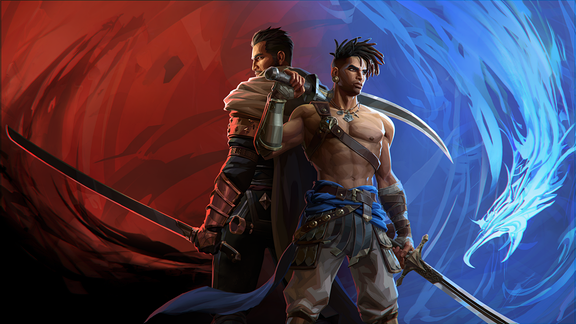 Game "Prince of Persia: The Lost Crown", zwei Spielcharaktere stehen Rücken an Rücken, eine Hälfte im Hintergrund blau, wasserartig, die andere rot, feuerartig