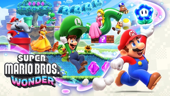 Bild aus dem Spiel "Super Mario Bros. Wonder", zu sehen sind Charaktere aus dem Spiel, wie Mario, Luigi und Peach, in einer grell-bunten Landschaft